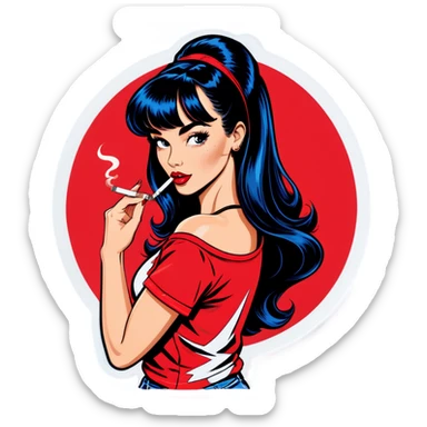 Sexy young pinup woman lighting up a cigarette she has long dark blue black hair with front bangs and she’s wearing a red t shirt, pop art sticker
