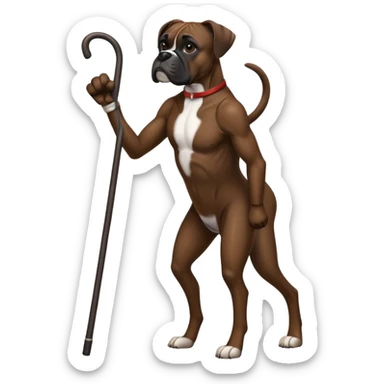 Elderly adult dark black boxer dog standing on hind 2 legs hunched over using one cane sticker