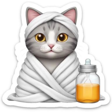 cat wrapped in a towel, relaxing with skincare products sticker