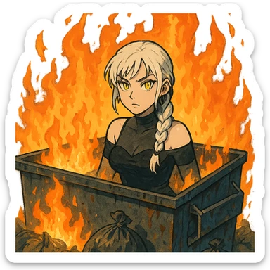 she is poking out from a garbage dumpster, fire, garbage fire, everything is on fire, a closeup portrait of young woman with gold yellow eyes, white hair, long braid, black off-shoulder top d-cup, punk gothic style, futuristic cyberwave cyberpunk, sticker
