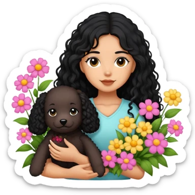 A girl with long black hair is holding a black curly-haired teddy dog ​​in the flowers sticker