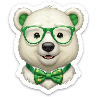 head and shoulders of a friendly anthropomorphised polar bear smiling, wearing large multicolored star-shaped glasses, green bow tie, shamrock pin, festive green shirt sticker