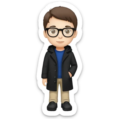 boy with glasses, short height, wearing crocs and a black coat sticker