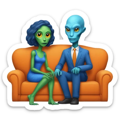 alien reptilian woman in orange dress and humman man in blue, sitting on a couch  sticker