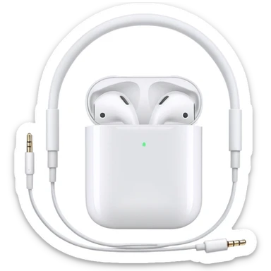 White Apple EarPods with cord coiled in a circle, white wired headphones neatly wrapped in circular shape, iOS style sticker