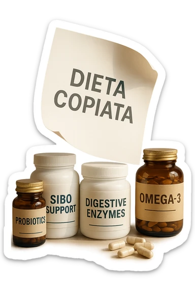 FOGLIO DI CARTA FLUTTUA IN ARIA CON LA SCRITTA "DIETA COPIATA", INSIEME A BARATTOLI DI INTEGRATORI PER CURARE IL SIBO, IPERREALISTICO 4K, NON DISEGNATO sticker