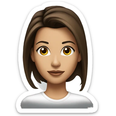 3/4 face, contrasted, shadow, light, Eva Longoria expression, standing, thin nose, brunette woman, hazel eyes, long eyelashes, dark shoulder shaded hair, white t-shirt, jeans, white sneakers sticker