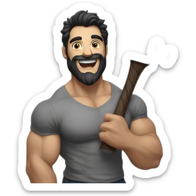 A stern bearded man, gray in his dark hair, . A bodybuilder, Holding an axe in his hands, Laughing loudly sticker