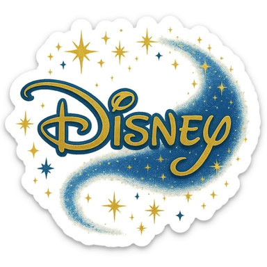 logo in Disney style, magical and fun feeling, elegant font, with stars and fairy dust details, predominantly blue and gold colors sticker