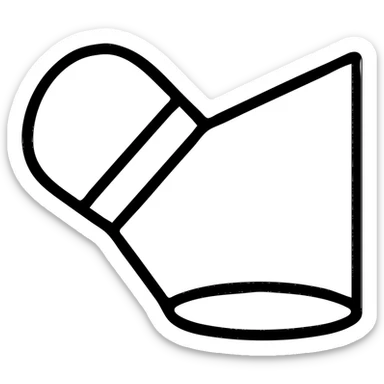 Single-stroke vector icon of a flashlight emitting a light cone: monoline circular lamp head (stroke 2 pt) at upper left meeting a straight 30° outline wedge, open base ellipse, no fill, no handle or internal details, monochrome deep-indigo stroke on white square background, flat icon, no gradients or drop shadows sticker