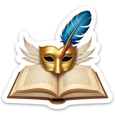 An icon featuring an open book with flowing pages, a feather quill, and classic literary symbols like a theater mask and inkwell. The design includes a subtle parchment background with faint text lines, symbolizing the study of literature. Transparent background emphasizes creativity and analysis. sticker