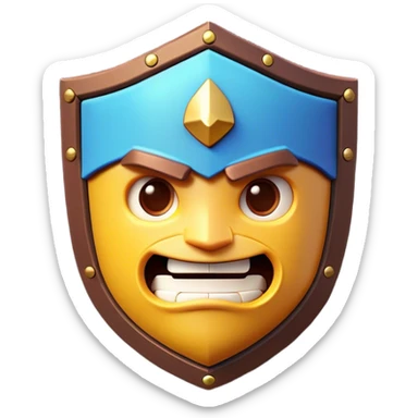 Clash of Clans aesthetic: Cinematic Playful Pixel 3D Shield Portrait Emoji, rendered in a 3D vector-style similar to standard emojis with minimal shading and bold, simplified shapes. A compact, distinct form with signature details, softly glowing with a pixelated adventure charm. Simplified yet unmistakably iconic, highly detailed and consistent, glowing with a soft radiance and high shine. Stylized with a touch of classic pixel-art charm and a soft glowing outline, capturing the essence of a beloved gaming relic with a friendly, playful manner! sticker