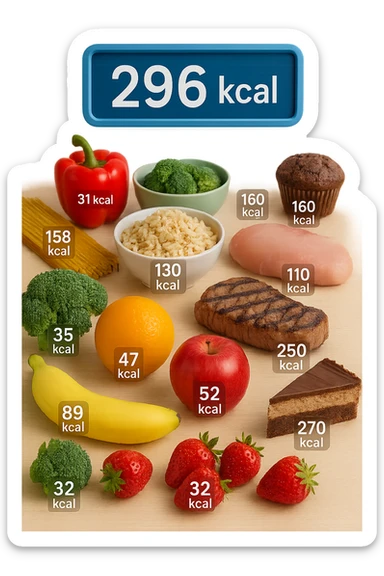 a digital calorie counter hovers above a variety of foods arranged on a table—fruits, vegetables, grains, meats, and desserts. Each food has a floating label showing its calorie content. The background is clean and modern, emphasizing the educational aspect of calorie awareness. scritto in italiano sticker