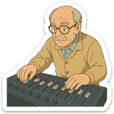 ghibli style senior Caucasian male with glasses, adjusting audio console sliders sticker