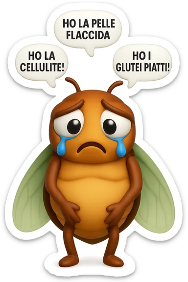 EMOJI STILE IPHONE 3D DI una cicala triste che si tocca le cosce e piange perché non le piace il suo fisico, posa frontale, fagli anche la parte bianca degli occhi, non solo la pupilla, sulla testa della cicala aleggiano i pensieri "HO LA PELLE FLACCIDA", "HO LA CELLULITE!", "HO I GLUTEI PIATTI!" sticker