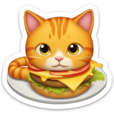 An orange-colred cat devouring a cheeseburger sticker
