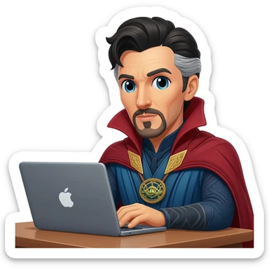 Doctor Strange coding on a laptop at a desk sticker