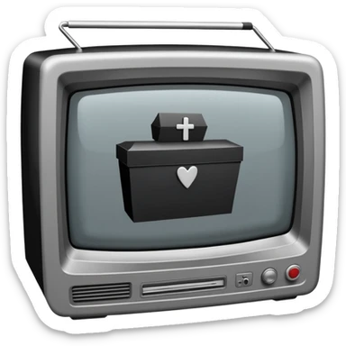 Minimalist emoji-style sticker of a CRT TV in the shape of a coffin, with a cross or static noise on the screen. Desaturated design.  sticker