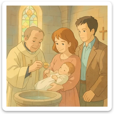 Christian baptism scene, gentle pastel colors, ghibli style sticker
