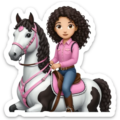 Realistic mixed race girl with long dark brown curly hair, riding a big black and white draft horse, wearing pink harness and saddle  sticker