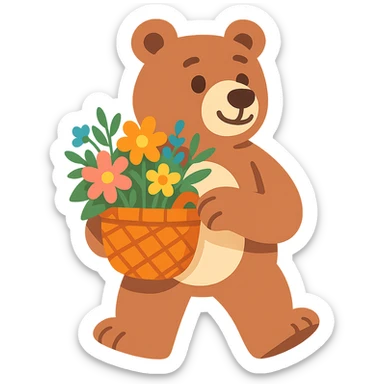 bear carrying a basket of wildflowers, soft pastel brown and cream, vibrant toon style sticker