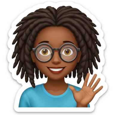 darker skin female with dark dreadlock hair wearing large round glasses with a word bubble saying "nope" sticker