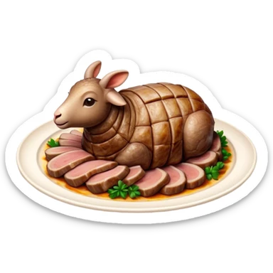 Roast Lamb Cinematic Realistic Roast Lamb Dish Emoji, depicted as thinly sliced roast lamb arranged artfully on a plate, rendered with rich textures and warm, inviting lighting. sticker
