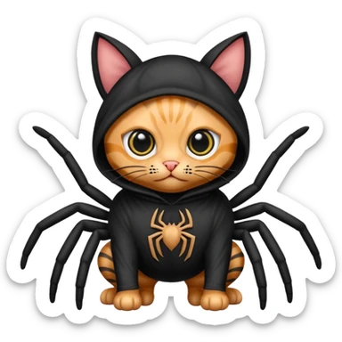 Tabby cat wearing a spider costume with big bulgy eyes with no ears in black sticker
