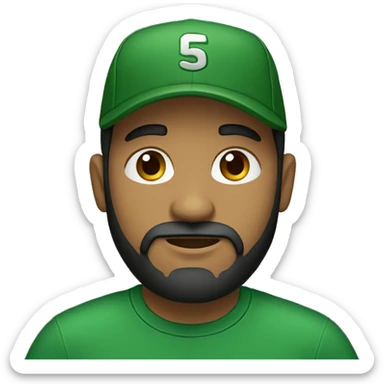 brown man with a dark beard, dark eyes, dark green t-shirt and a BLACK BLACK cap sticker