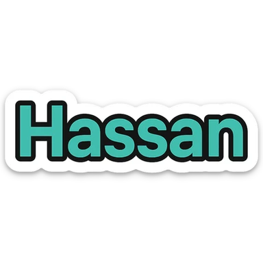 the name 'Hassan' in bold, clear, sans-serif font, Slack emoji style, transparent background sticker