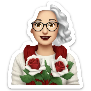 Attractive Caucasian woman with long grey hair, wearing wire frame glasses, dark red lipstick, and a christmas sweater, holding a bouquet of roses sticker