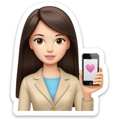 Barbie girl with a long straight dark brown hair inside a pale beige clothes holds an iPhone in her hands sticker