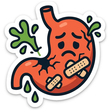 cartoon icon of a stomach character with cracks or holes, sad face, acid splashes, bandages, cute but informative medical style sticker