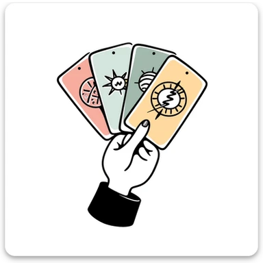 a hand holding a fan of mystical tarot cards with celestial symbols, pastel colors dd9fb0, ffc6d3, a3bfc9, c4bee2, f1b091, detailed hand-drawn doodle style sticker
