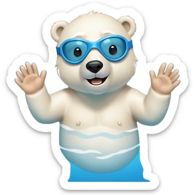 friendly anthropomorphised polar bear swimming freestyle in a pool with excited expression wearing blue swimming goggles sticker