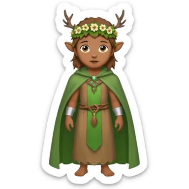 doe dressed as a druid, flower crown, green cape, full body icon sticker