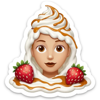 sticking out and two strawberries, whip, whipped cream and caramel all over and two strawberries sticker
