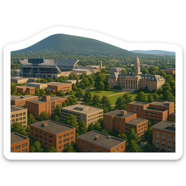 cinematic realistic emoji of State College Pennsylvania wide city view with iconic landmarks Penn State University campus Beaver Stadium Old Main Mount Nittany in background lifelike detail accurate colors bright daytime lighting no sky no clouds no city name label sticker