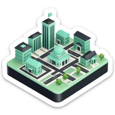 Collectivités Territoriales (Local Authorities), 3D techy icon with black and mint green (#B5F4D3) color scheme, regional map with administrative buildings sticker