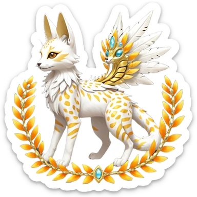 Epic complex fantasy glorious detailed futuristic divine godly angelic feathery sunny, white, albino, pastel, golden, orange glowing sparkly, realistic Fakémon-Sprigatito-Floragato-Meowscarada-Trico-Sergal-Serval-Solgaleo-Vernid-creature (full body) solarpunk, shiny sparkly with gold wreaths sticker