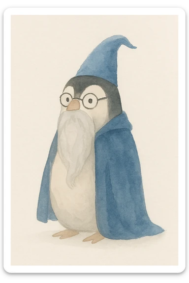 a wise penguin wizard with glasses, a long beard, and a blue cloak, soft storybook illustration style sticker