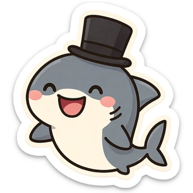 cartoon shark with a black top hat, smiling, cute and fun style sticker