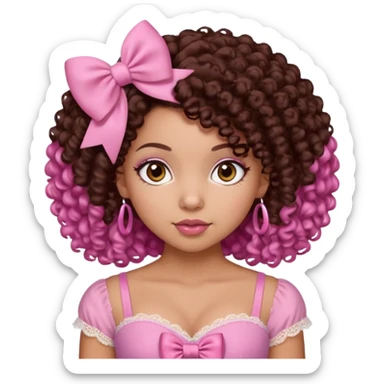 medium-light kinned afro-latina girl with medium length chocolate brown side part curly hair, brown eyes, pink sweetheart necklined top with lace, round wide-ish nose, chubby long shaped face, pink hair bow sticker