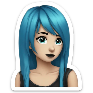 Side profile sad emo girl, black makeup, long choppy blue hair side bangs sticker