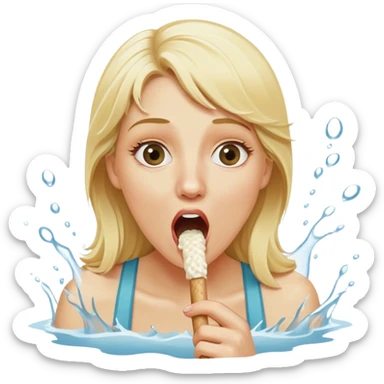 blond woman eating a wide stick the same color as her skin, with a bite taken out of the edge, water stream squirting directly from the stick into her open mouth, surprised expression sticker