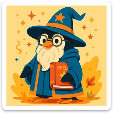 a wise penguin wizard with glasses, a long beard, and a book of spells, in a whimsical illustration style sticker