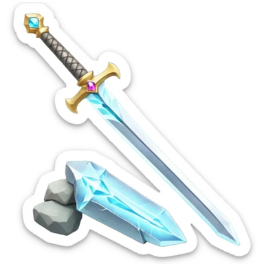 Shining silver sword with jeweled hilt, stuck in a stone, glowing aura.  sticker