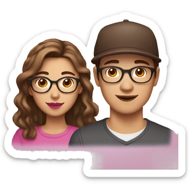 teenage brothers, woman with brown hair, brown eyes, pink lipstick and glasses. Man with brown hair, brown eyes and cap sticker