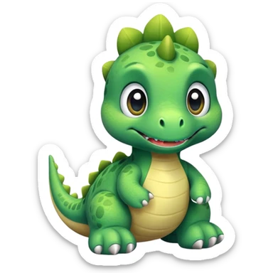 A green plush toy dinosaur with big eyes and a cute smile sticker
