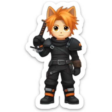 cloud strife  with orange hair. Black clothes full body with Buster sword and black and brown and white Rottweiler husky  sticker